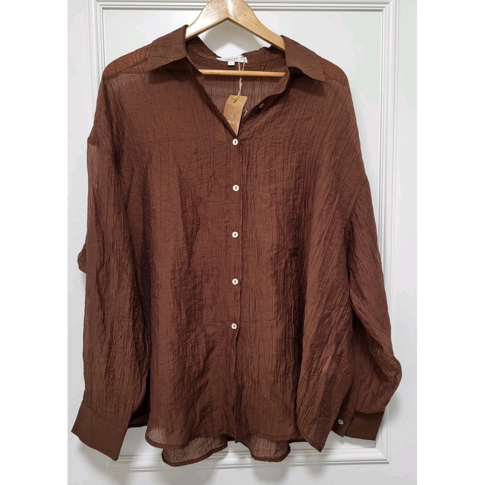 New Berlook Brown Crinkle Lightweight Button Up Oversized Swim Cover Up Shirt OS